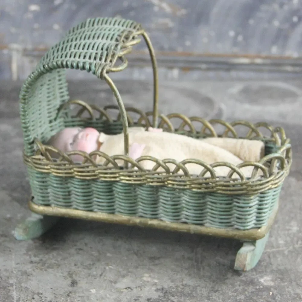 Antique One-Of-A-Kind Miniature China Doll in Wicker Cradle